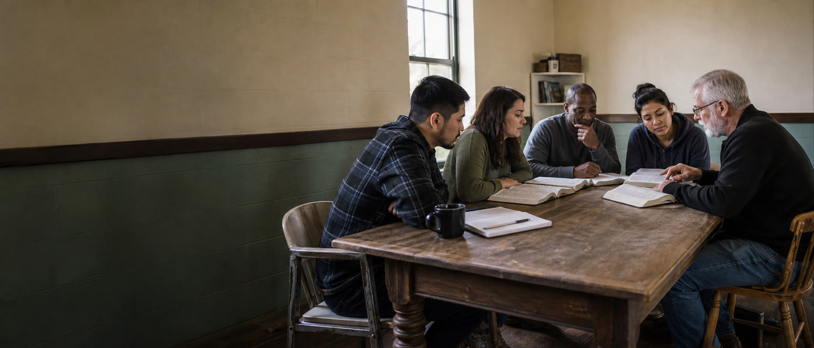 Seminary students and a faculty mentor studying Scripture together in a theological library