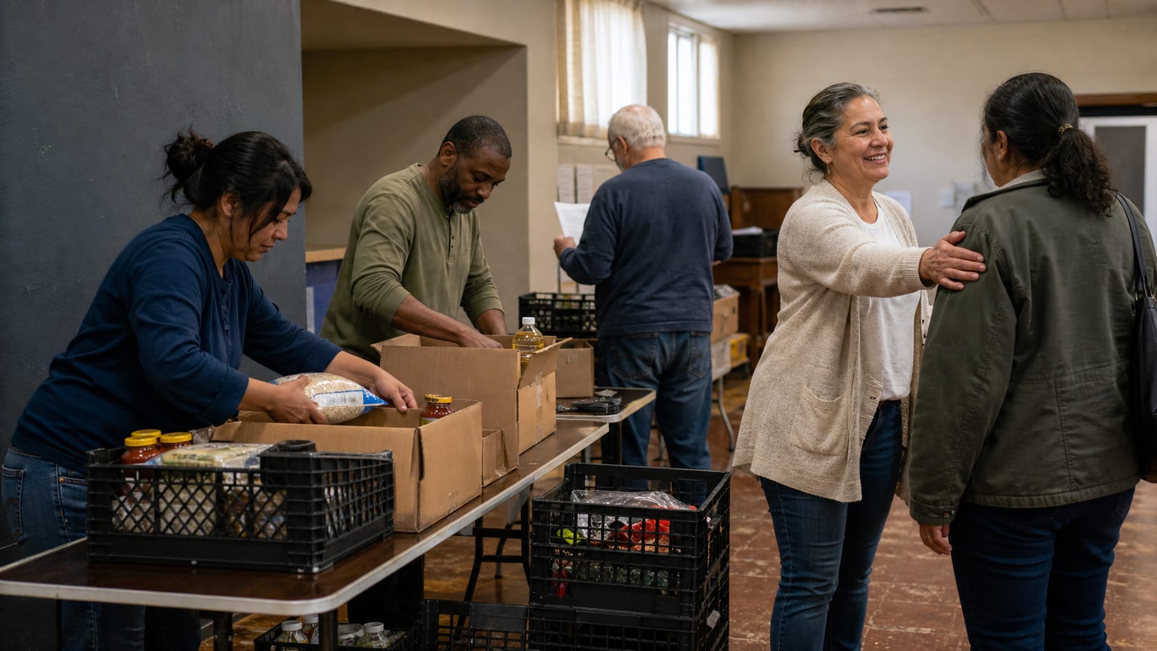 Church volunteers preparing food and welcoming neighbors during a community ministry day